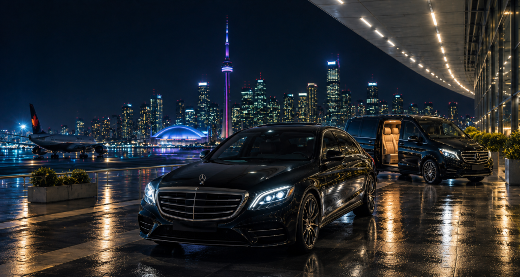 Black executive sedan and passenger van at Toronto waterfront at night with CN Tower skyline