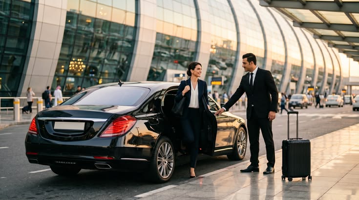 Chauffeur greeting a passenger beside a black sedan at the airport with luggage