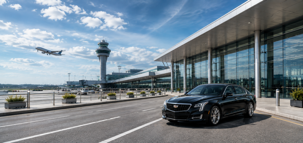 Black Cadillac executive sedan waiting outside Toronto Pearson airport terminal